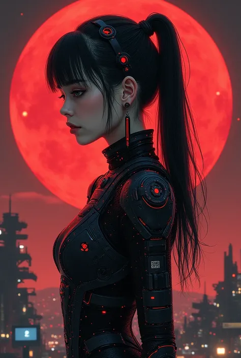 ( Extremely detailed CG uniform 8K wallpaper ),  Worlds Most Beautiful Artwork  , Moon Base，1 Girl,  upper body,  dark _fantasy,  cyberpunk, Mechanical wonder, exist,  Cybernetic Guardians , beauty， beautiful illustration , Duotone, Two colors, Black and r...