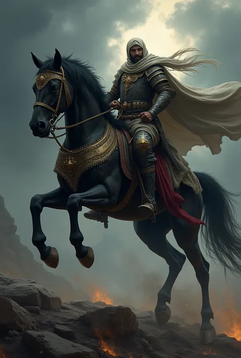 A Muslim warrior with soared on a horse in dark style