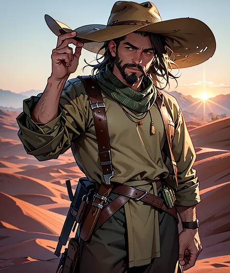 A cowboy with a primitive clothing design in a post-apocalyptic world. He rides a beautiful wild mustang horse in white and brown and holds his hat with one hand. He has a wheat twig in his mouth. The outfit is mostly brown and has Cheyenne ornaments. The ...