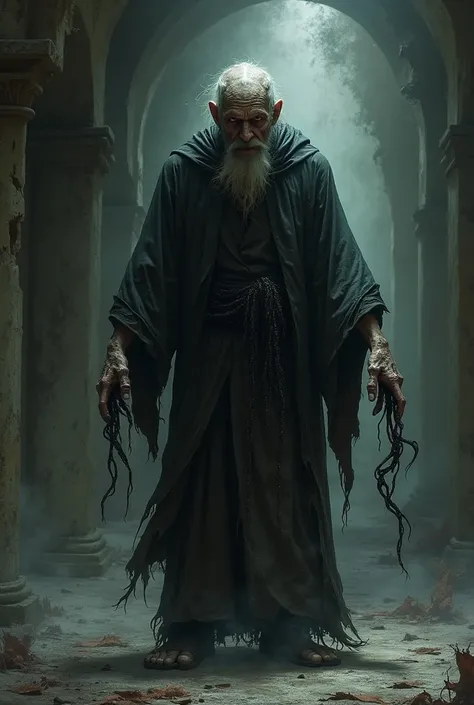 A crippled old priest with a diabolic shadow summons black ethereal tentacles