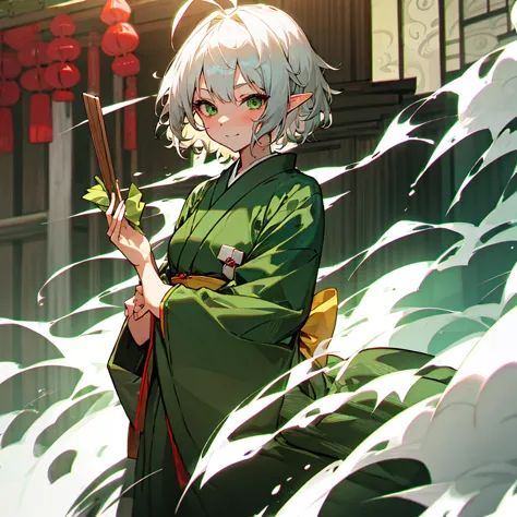 elf, female, silver hair,short hair, medium cut, ahoge, curly hair, green eyes,slender, fair skin, japanese female kimono,  hair...