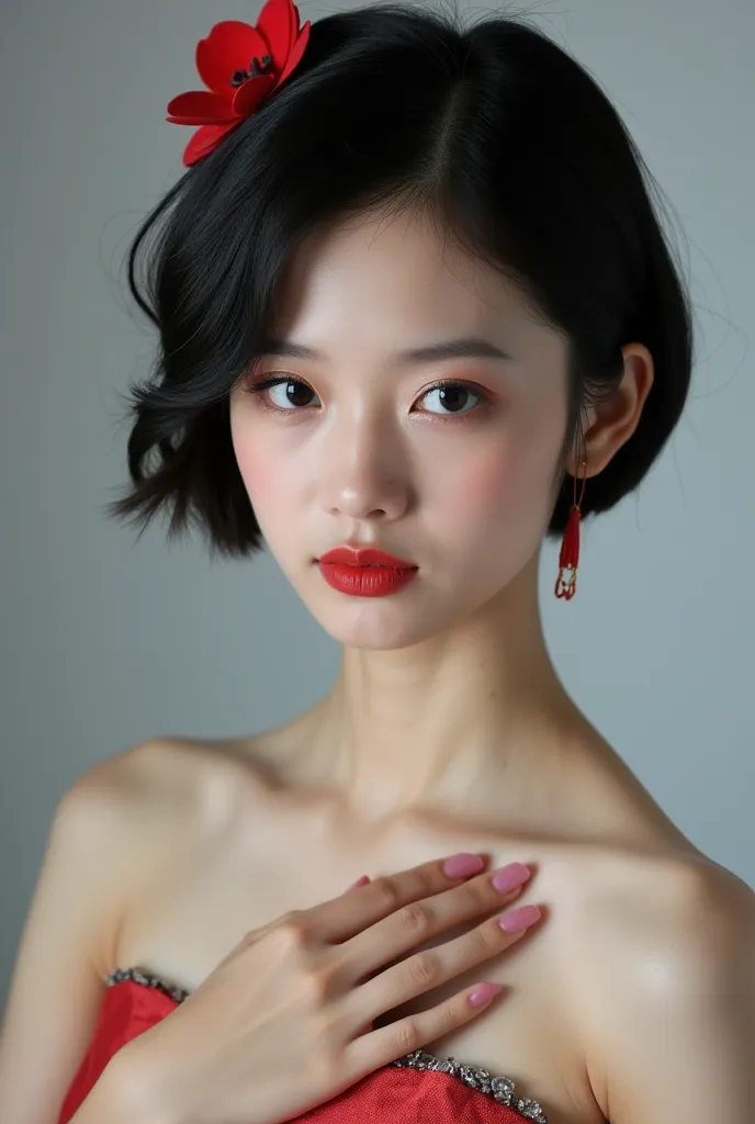 1girl,bare shoulders,black eyes,black hair,breasts,brown eyes,cleavage,closed mouth,collarbone,dress,earrings,eyelashes,eyeshadow,flower,grey background,hair flower,hair ornament,hair stick,hand on own chest,jewelry,lips,looking at viewer,makeup,medium bre...