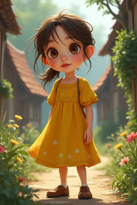 Lily is a young girl with bright, curious eyes. Her eyes are large, round, and brown, with an eager expression. She has brown hair, either in a messy ponytail or flowing loosely, and her skin is fair. She wears a bright yellow dress that stands out against...