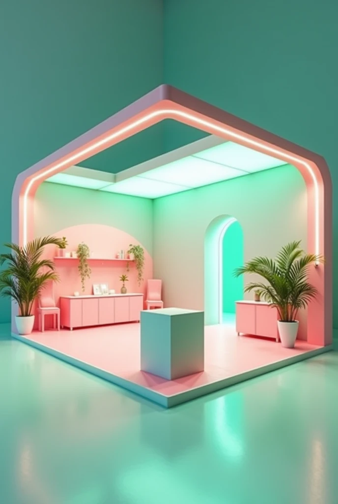 Exhibition booth with color pink and green mint, 4 sides open