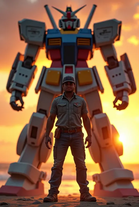 Work clothes, shop shirt, jeans, Gundam robot, fat and tall man, Gundam hat, black hair, short military style. The most detailed piece of armor, feet to ground, standing on the beach before the sun goes down.