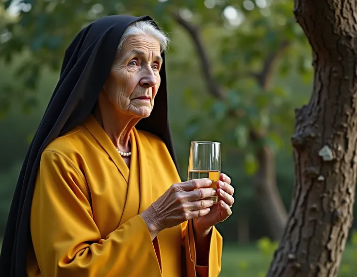 an elderly nun holds a filled glass of water and looks thoughtfully, she is standing next to a tree in yellow robes,  The most realistic photo 