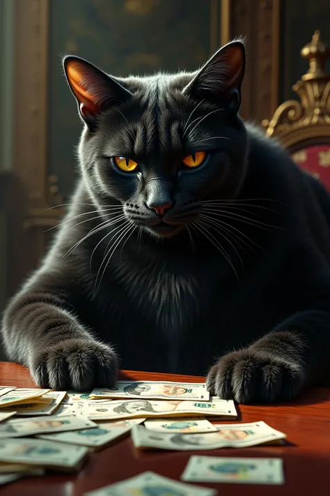 The cat Behemoth from the novel The Master and Margarita sits at the table and counts the money