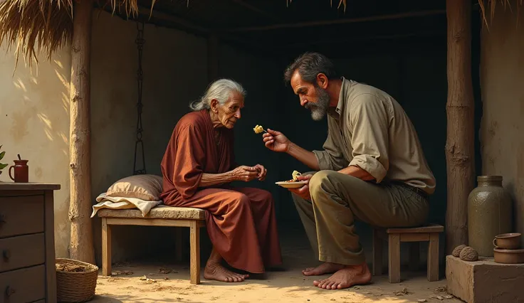 Purane zamane me ek jhopdi wala ghar hai jisme ek budhi aurat charpai par baithi aur ek aadmi usko khana khilaraha hai aur wah budhi aurat us admi ke kaan me kuchh kah rahi hai