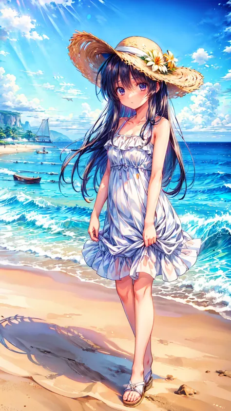 (masterpiece, best quality,8k, super detailed:1.3), Composition from head to toe,  full body view, Girl is standing on the beach , perfect face,Perfect Eyes,Anime Style, black hair, white dress, straw hat,Gentle Breeze,Swinging Hair, hold down the  straw hat with your hand,  tiny breasts ,Blue Sea, blue sky, white sand beach with the sea in the background, bright 