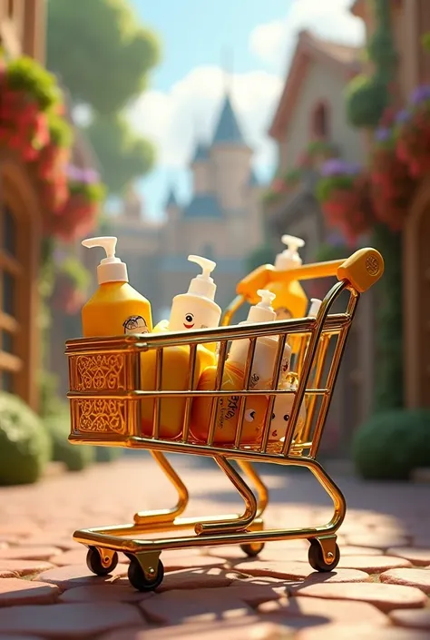 I would like to create a gold shopping cart, disney style, with household utility products inside it