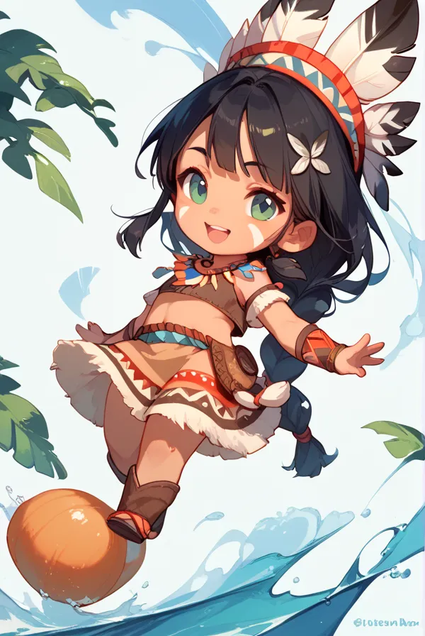 chibi character, two-dimensional, cute, black hair, native american clothing