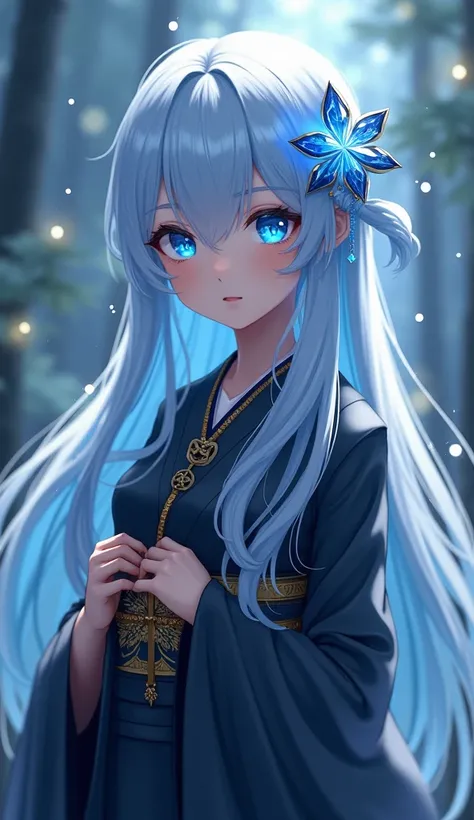 A woman wearing a kimono、Love Success、
A fantasy-style girl with long, flowing light blue hair and glowing bright blue eyes. She has delicate, soft features, wearing a dark, elegant outfit with intricate gold detailing. Her hair is adorned with a star-shap...