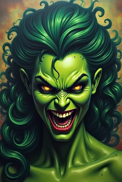 an airbrush painting of Medusa, she hulk, by Todd Lockwood, Disney villain, medibang, from Witcher (2021), beautiful scary witch, colored woodcut, colored drawing, comics book art style, morbius, [[[[smiling evilly]]]], visibly angry, popular manga art sty...