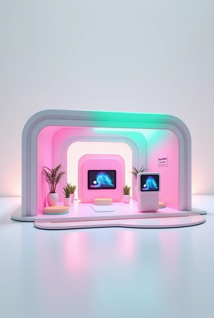 Exhibition booth with color pink and green mint, 4 sides open, with 4 led screen in the middle