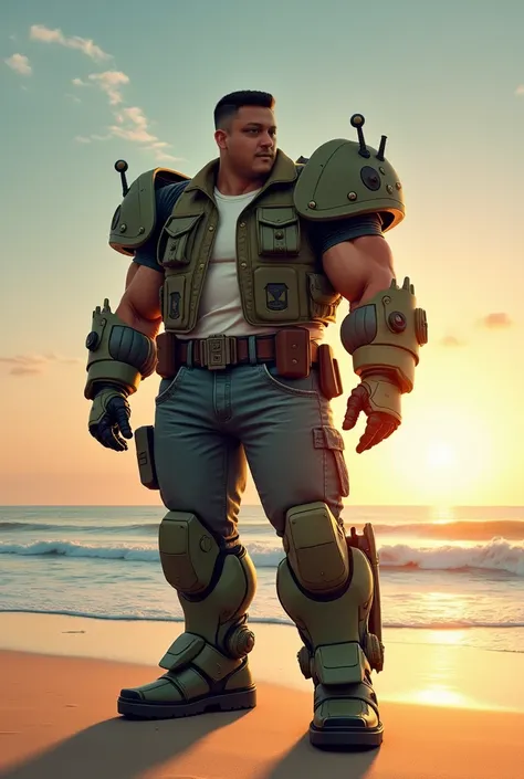 Work clothes, shop shirt, jeans, Gundam robot, fat and tall man, Gundam hat, black hair, short military style. Wearing the most detailed piece of armor, feet to the ground, standing on the beach before the sun sets.