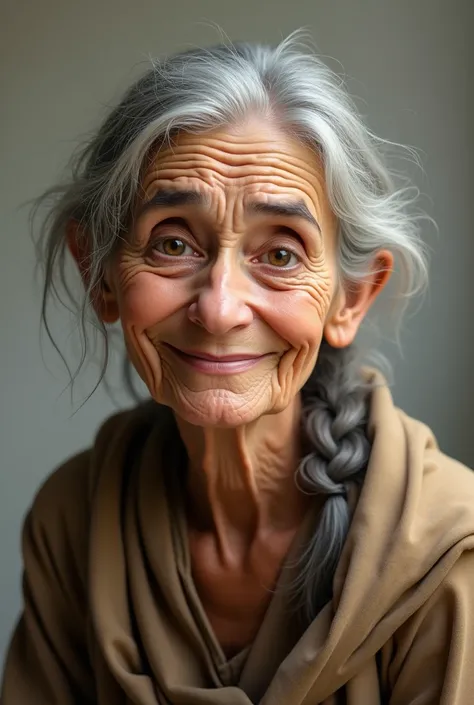 .The grandmother is an older woman with kind, weathered eyes that seem to hold many years of wisdom. Her hair is graying and pulled back into a bun or soft braid. She wears a long, earth-toned dress or shawl, and perhaps glasses perched on her nose. Her fa...