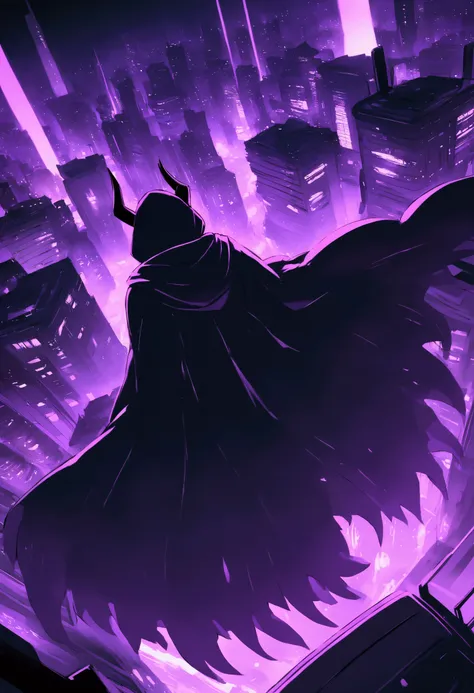 Anime shadowy figure with horns in a dark cloak looking down on a futuristic city, flying, hood on, night time, from the back, purple theme