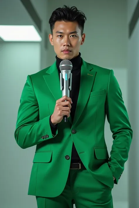 Man in green suit holding Korean handsome mic