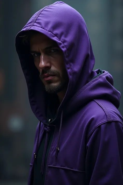 Dc Comincs ,  monk style anti hero outfit in black with realistic 8k purple hoodie