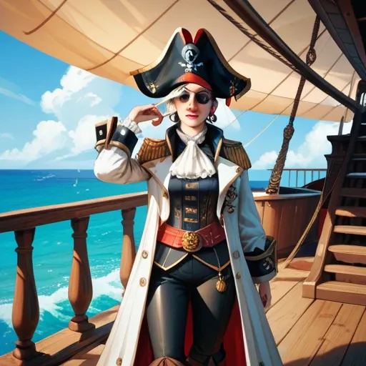 A fierce female pirate with an eye patch, dressed in a weathered coat and adorned with golden jewelry, standing on the deck of a ship, her gaze bold and commanding.