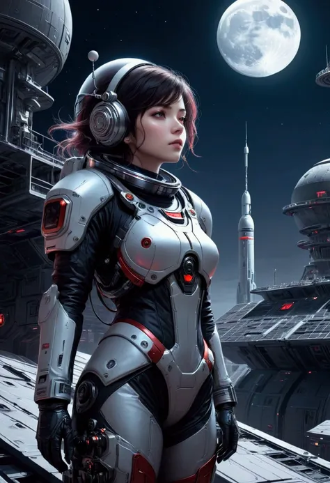 ( Extremely Detailed CG Uniform 8K Wallpaper), Worlds Most Beautiful Artwork  , A female astronaut stands on the roof of a lunar base，Moon surface，外星景观，Futuristic Architecture，  dark _fantasy,  cyberpunk, Mechanical wonder, exist,  Cybernetic Guardians , b...