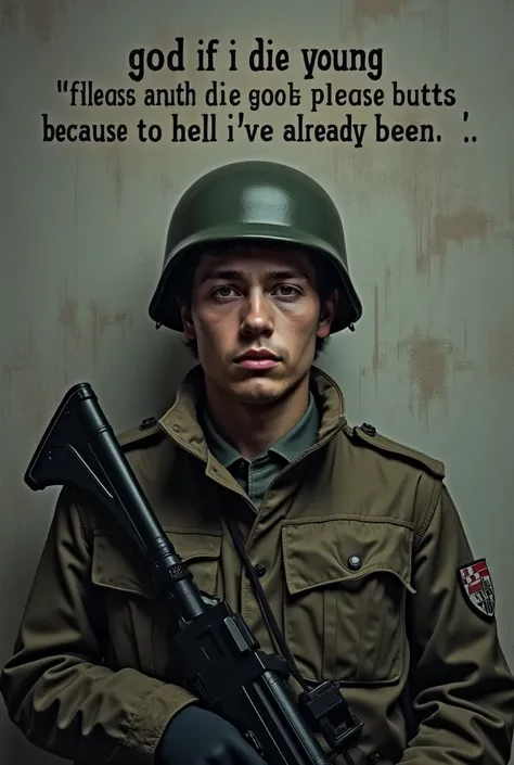 Create an image of a young Croatian soldier (without beard) looking sad and holding a gun. 

And behind the soldier theres a text of the wall in English which reads "God if I die young please send me to heaven because to hell Ive already been" 