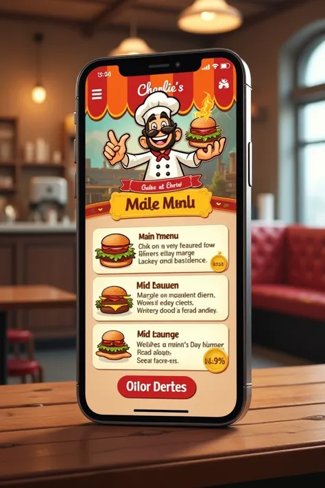 Give me a photo of a hamburger app on phone called Charlies 