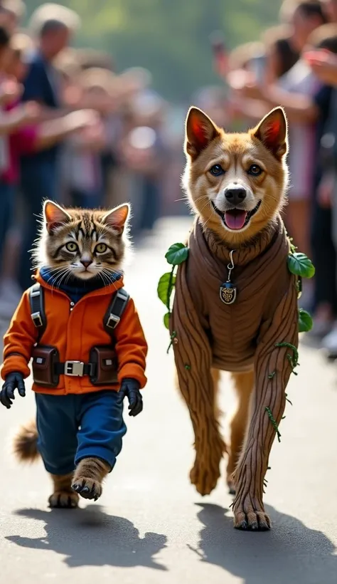 A front-facing parade scene featuring a cat and a dog dressed as characters from Guardians of the Galaxy. The cat, dressed as Rocket Raccoon, wears a small tactical outfit in orange and blue, with a faux tail attached to enhance the look. The dog, dressed ...