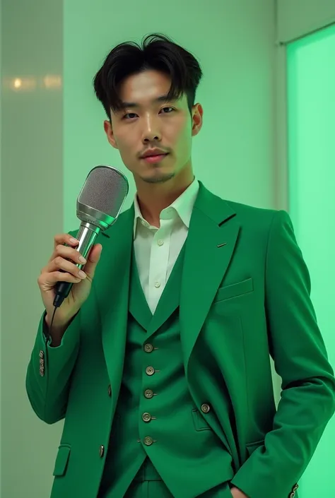 Man in green suit holding Korean handsome mic