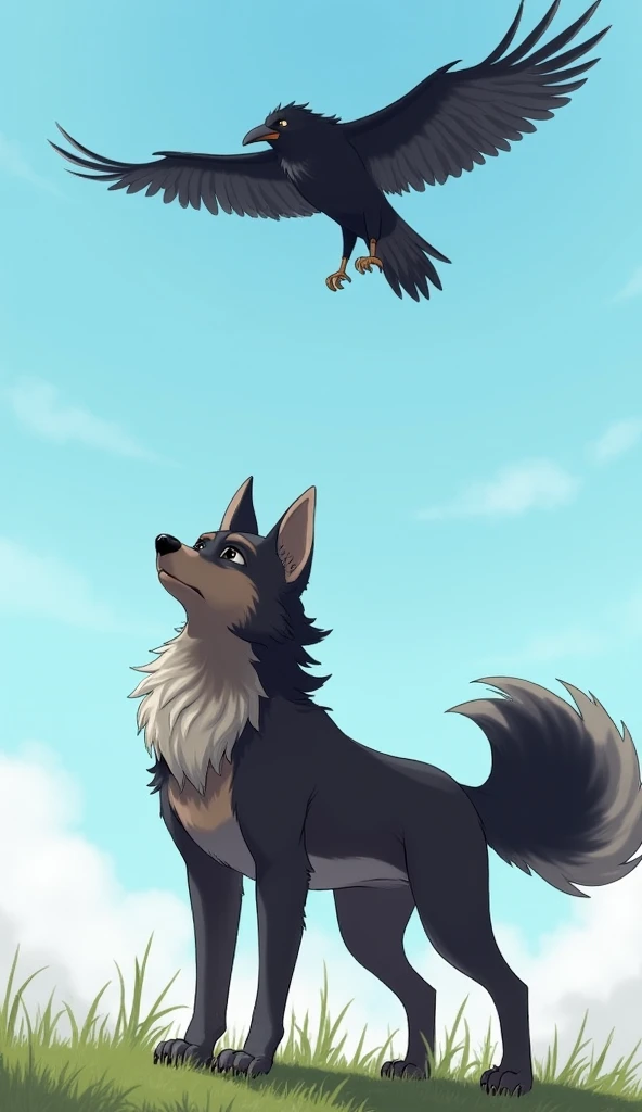 Prompt: The crow, beaten and scared, flies away into the sky. Meao stands tall and victorious, her fur slightly ruffled but her stance proud. In the background, the sky is clearing, symbolizing peace.

