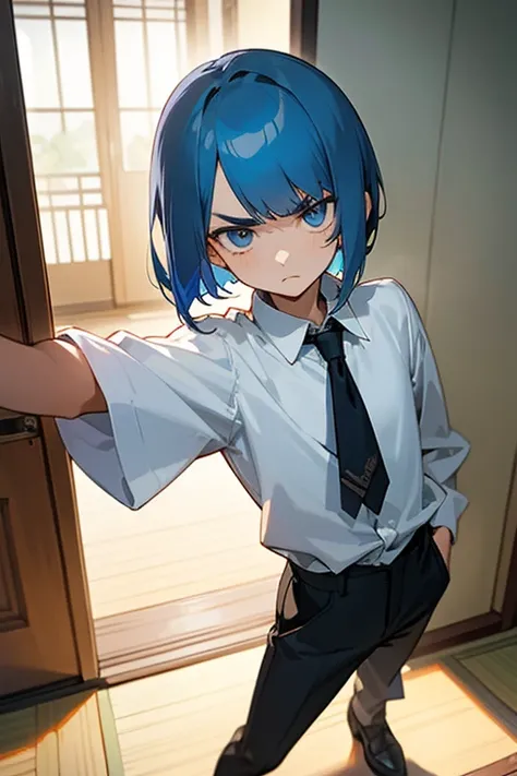  high definition ,  1 boy , handsome, slender, short, blue eyes,  short bob, sideburns are a little long,Diagonal bangs, blue hair, full of bangs,  split bangs that show arms,Slanted Eyes, Slightly thick eyebrows, anatomically correct, white shirt, black p...