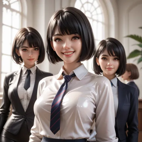 4 girls, Buttoned into an extremely tight shiny latex blouse, smile, Lens reflection, Reflected light, Breasts, bob cut, shiny hair,  black hair, Necktie, blazer