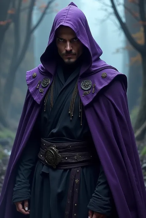 Anti eroe stile Dc comincs, vestito da monaco fantasy tipo doctor Strange, ma in nero con cappuccio viola 8k realistico