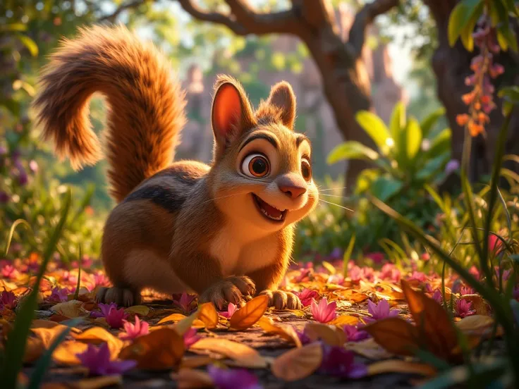 A squirrel collecting feathers and leaves