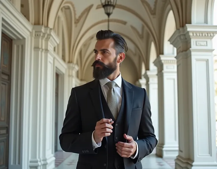 Homme blanc, medium-length hair, dark blue, smoking gris foncé, dans un château blanc,  trimmed beard .