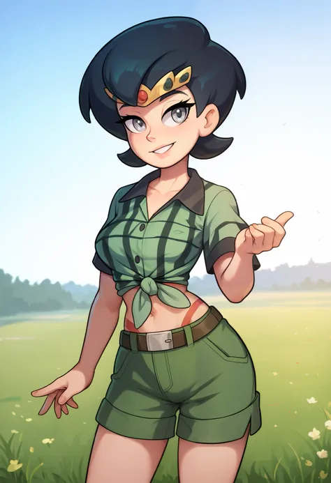 masterpiece, best quality, high resolution, serene 1, 1 girl, serene 1, 1 girl, serene (pokemon), solo, gray eyes, black hair, green shorts, red tiara, shirt, tied shirt,, short hair, short sleeves, shorts, stripes, yellow shirt, belt, middle class shootin...