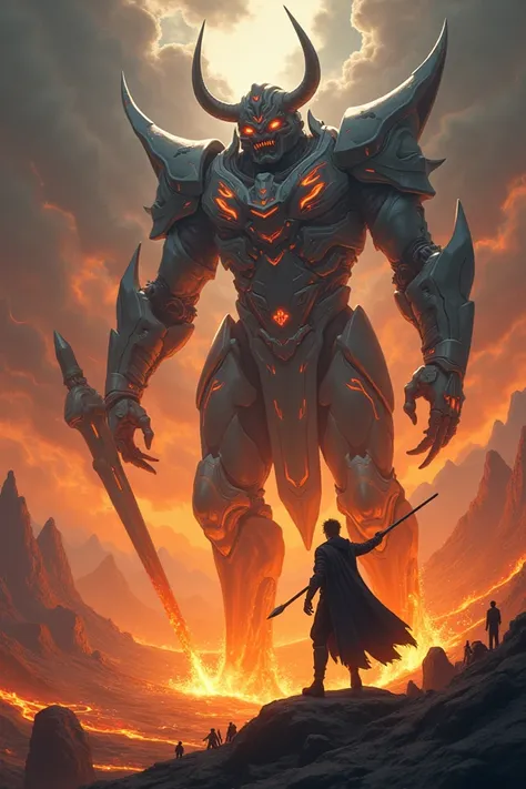 1 man, anime figure, wearing a God armour with a cloak, cybernetic, throwing a javelin towards a lava demon, small people watching from earth, detailed picture 