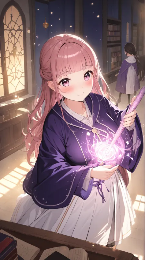 1 girl, ( cute face),  long hair, Short bangs, to many hairstyle,  Big Breasts , ( Glamorous Mages Robe ), ( Has a Magic Wand ), (blush:1.3),  Pottery skin ,  Cowboy Shot , break, Magic School, Quiet classroom, ( soft light :1.1),  Slightly Warm Atmosphere...