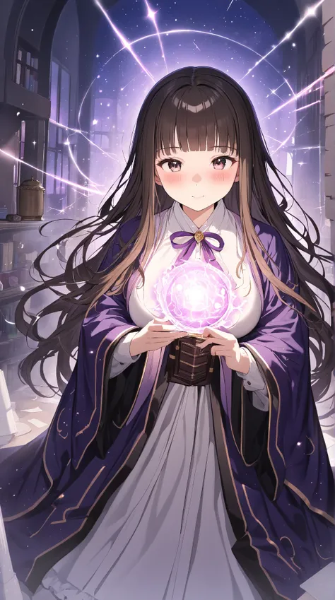 1 girl, ( cute face),  long hair, Short bangs, to many hairstyle,  Big Breasts , ( Glamorous Mages Robe ), ( Has a Magic Wand ), (blush:1.3),  Pottery skin ,  Cowboy Shot , break, Magic School, Quiet classroom, ( soft light :1.1),  Slightly Warm Atmosphere...