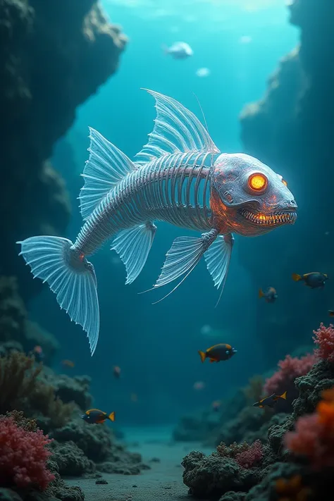 Skeleton-Fish Hybrid: A skeletal fish And glowing eyes and razor-sharp fins.  Please modified this prompts to normal nature   where skeleton and Fish separate.