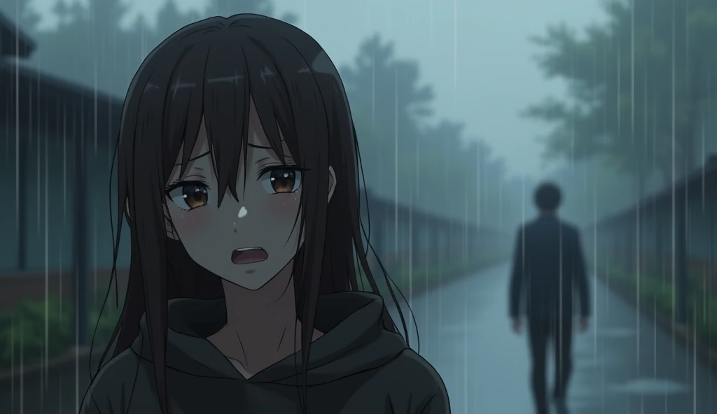 A picture of an emotional moment, where a woman stands in the rain with a sad face.  Her facial expression expresses the pain of unfulfilled love.
 A man walks away vaguely in the background.
 Raindrops and the gray color of the sky will create the atmosph...