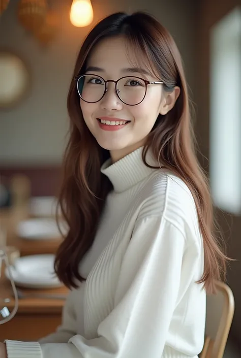  Women ,Chinese girl,white,Long hair,Straight hair,Brown hair,Wear glasses,Like a real person.,Chinese ,sea,Age approx23,smile,sit,Horse Trimming , Clear Glasses,dental care,Small eyes,cafe, Realistic ,cake