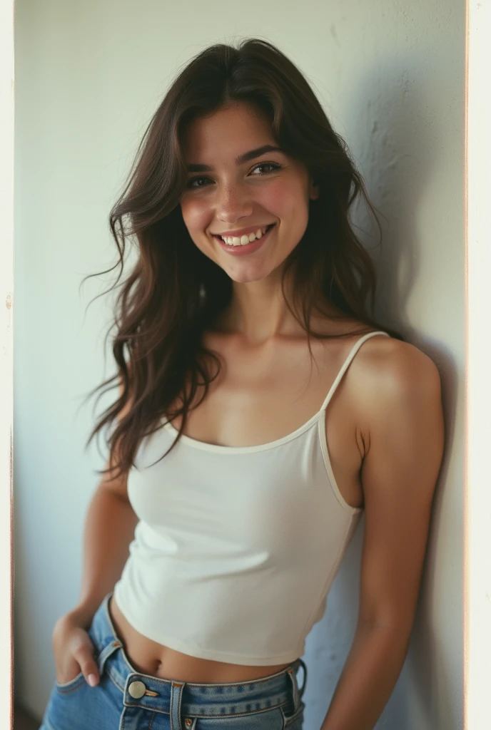 A 18-year-old dark hair Italian woman posing in the room, closeup, smirking, dressed in casual shorts and top, posing, in the wall white background, height 170cm, hyper realistic face, detailed pretty face, normal nose size, pale skin, day time photo, pola...