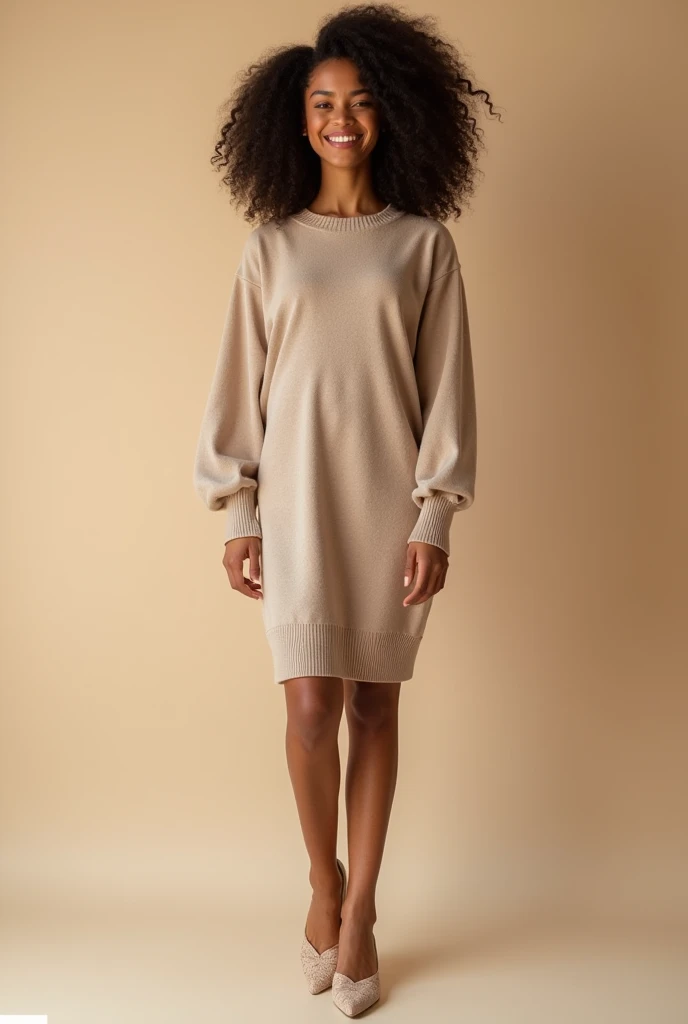 Create HD high quality resolutions pictures B-ROLL 4k 8k of American Latino lady smiling glowing skin curly hair,. Soft Beige: A cashmere sweater dress with subtle balloon sleeve detailing
   full picture with matching shoes 