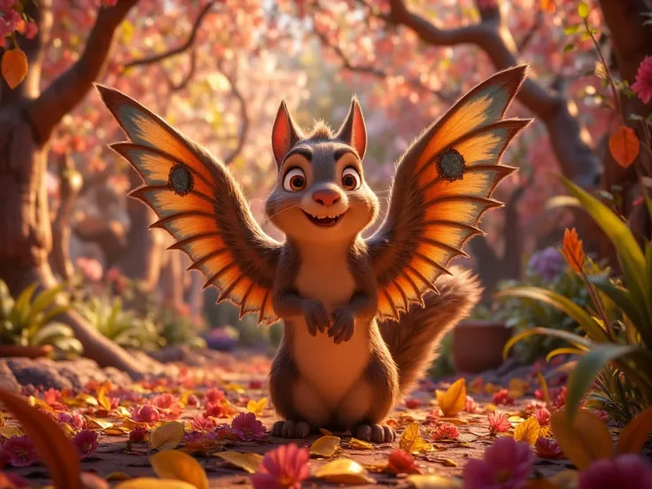 A squirrel with wings that climbs on a tall tree branch