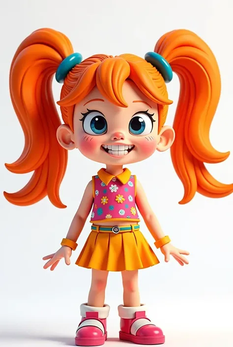 3D cartoon of an orange-haired girl with 2 high tails
That shows a cheerful face and colorful clothes 