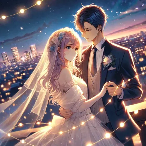 changer he first picture hairstyle for he male has blue hair while the female is wearing a hijab wedding dress. follow makoto shinkai art work