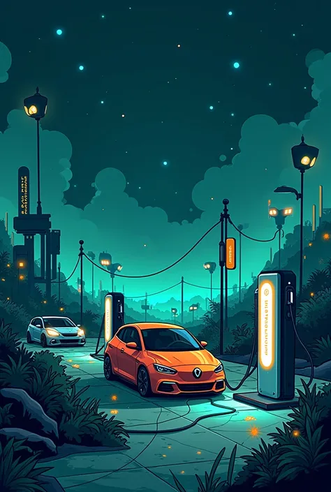 Create a image for ev charging station app background image with dark cartoon theme it should not be as real it should be in a dark cartoon theme with cars and stations colour should be blue, black, green, or any neon cool colours 