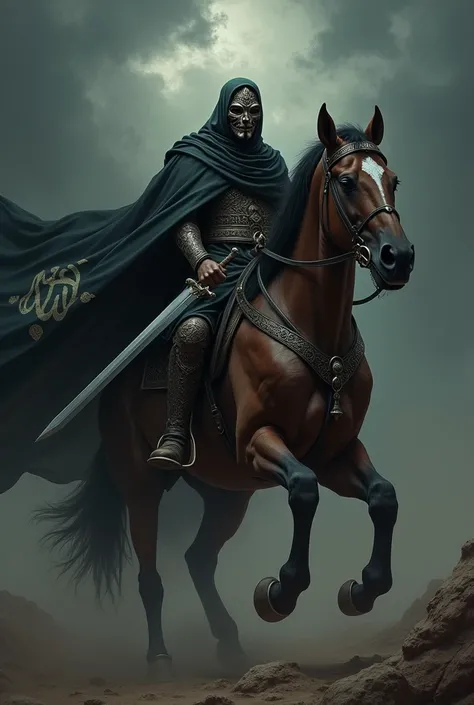 A masked face Muslim warrior with Soward sitting on the horse with an Islamic flag in a dark style 