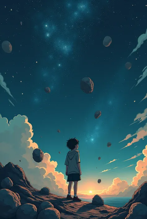  to look at the vast universe from a third perspective， there are various types of stone meteorites、 iron meteorites and stone iron meteorites ，Request a retro anime hand-drawn style 